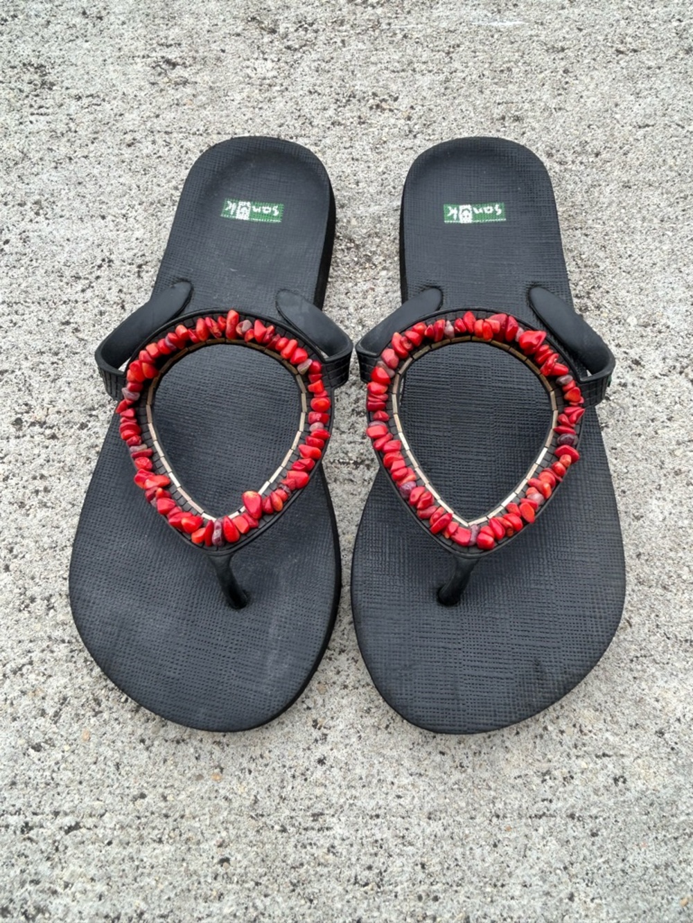 Sank Black Flip Flop Sandals with Red Beaded Accent- Womens
